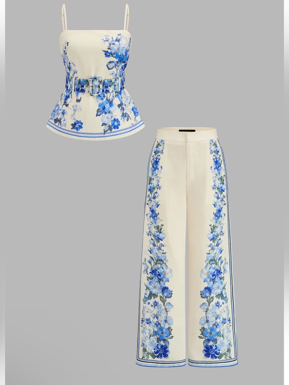Commense Floral Belted Camisole & Wide-Leg Pants Set - Cream with Blue Floral M - Picture 8 of 8